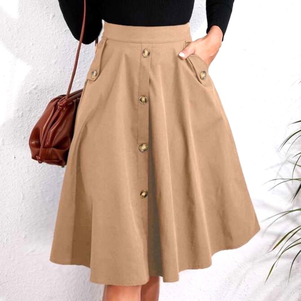 Tan A-Line Midi Skirt Pockets XL Light Academia‎ Cottagecore Coastal Festival